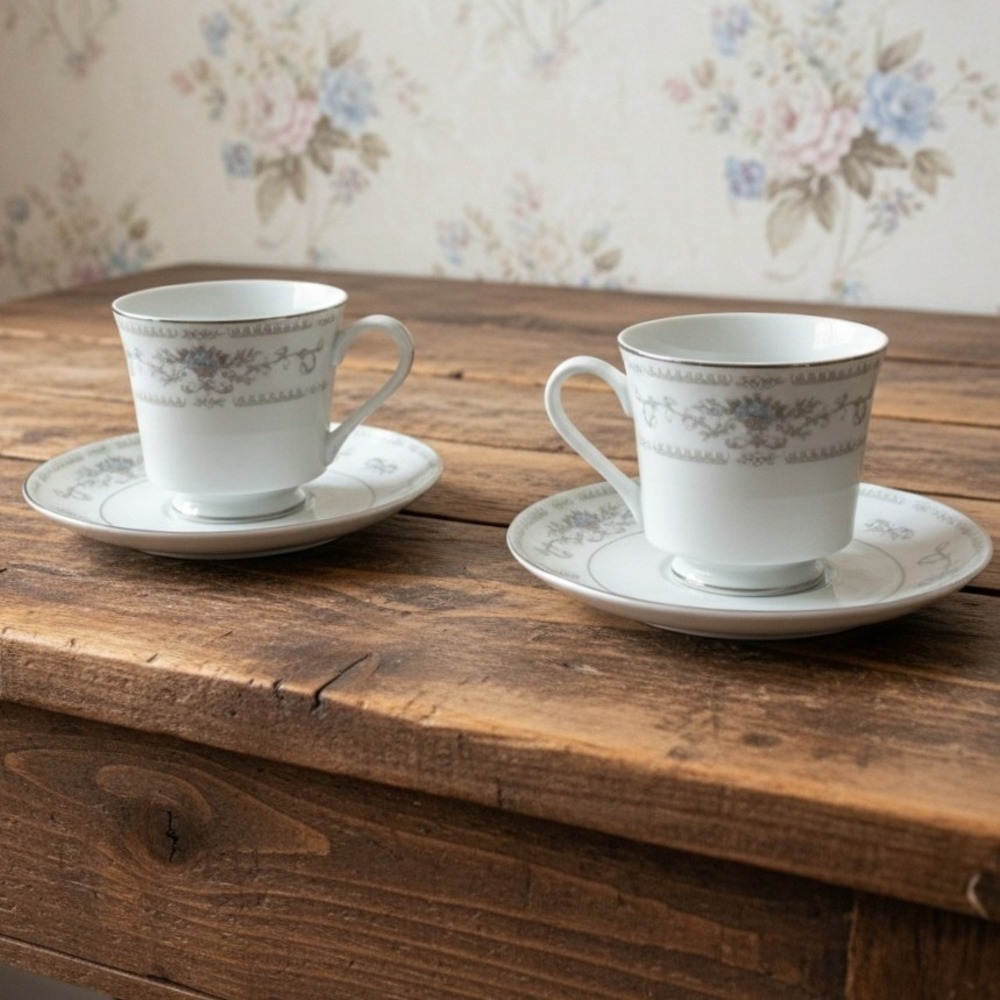 Diane Fine Porcelain China Tea Cups & Saucers, Four Piece Set, Floral Dinnerware